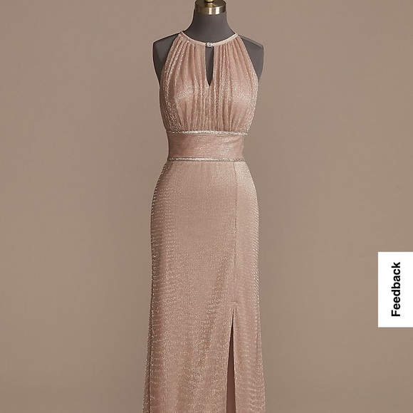 HIGH-NECK SHIMMER A-LINE GOWN WITH KEYHOLES, color - Blush - Picture 1 of 5